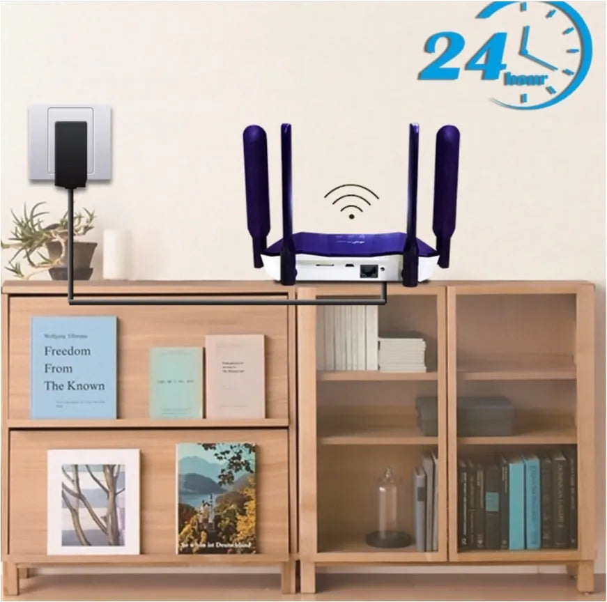 Blue 4G and wired dual-mode router with four antennas, measuring 153x137x21mm, on a desk with Ethernet cable