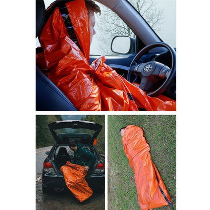 Reusable emergency sleeping bag in PE, 200cm x 90cm, waterproof thermal survival bivvy for camping and outdoor use.
