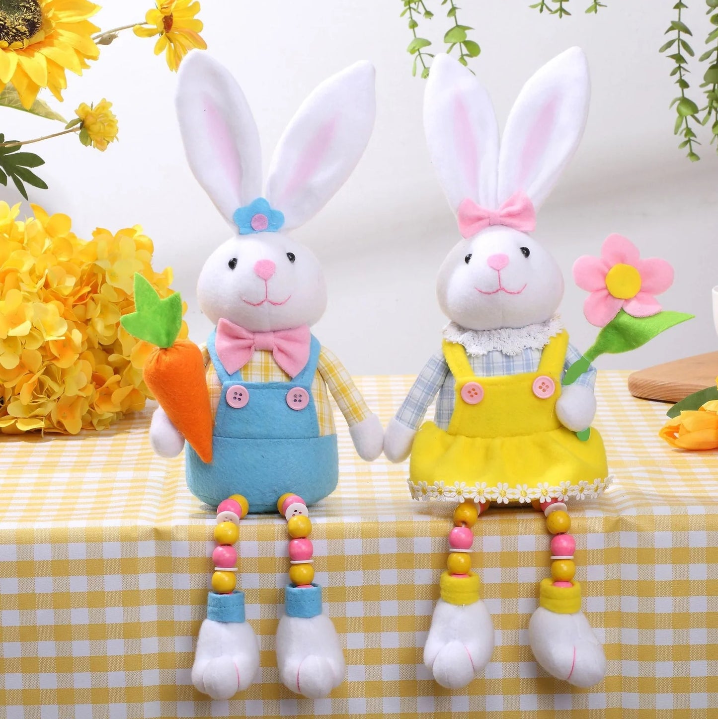 Hand-sewn Easter bunny doll ornament with non-woven fabric construction in radish or flower style