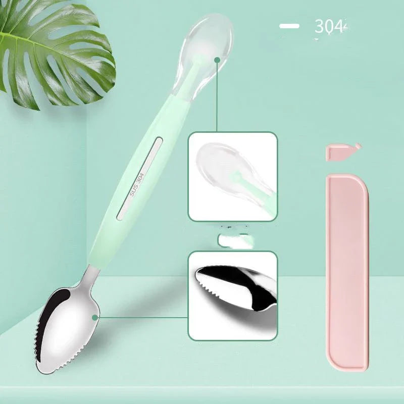 Stainless steel fruit spoon with sawtooth edge and dual-headed design for easily scooping grapefruit and desserts