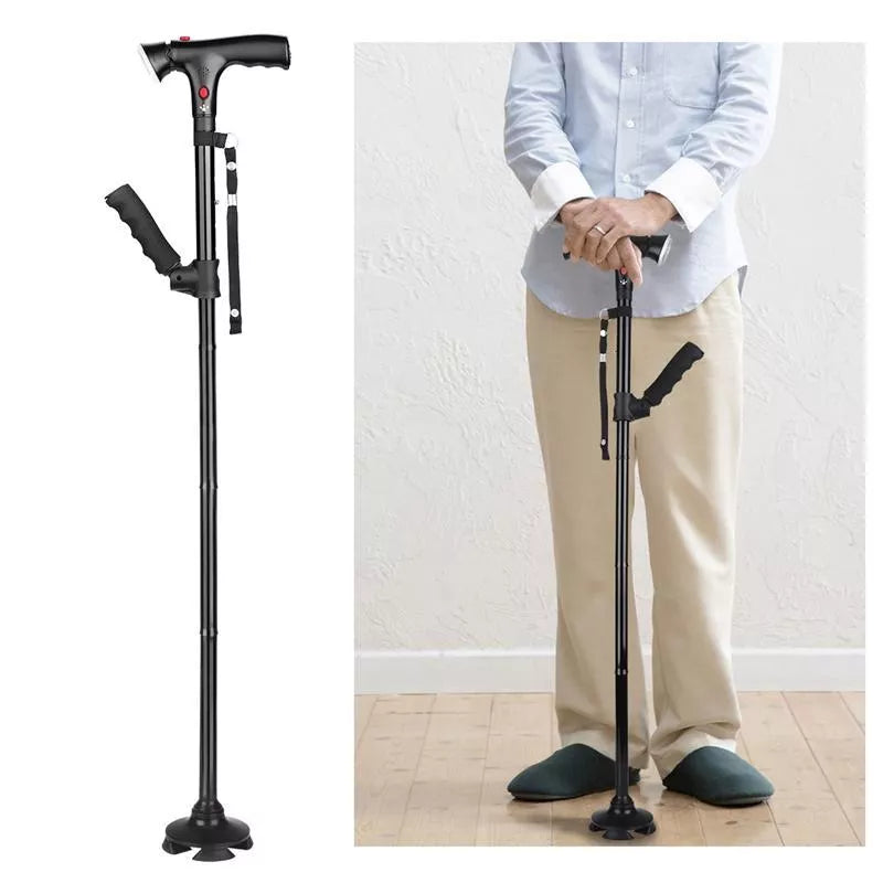Adjustable aluminum walking stick with foldable design and safety features