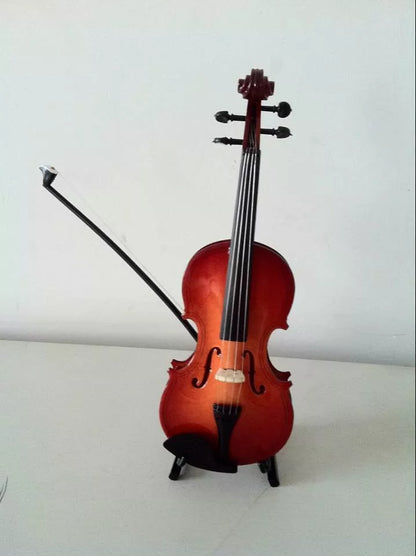 Handmade basswood miniature violin with bow stand and wooden box, perfect for photography props