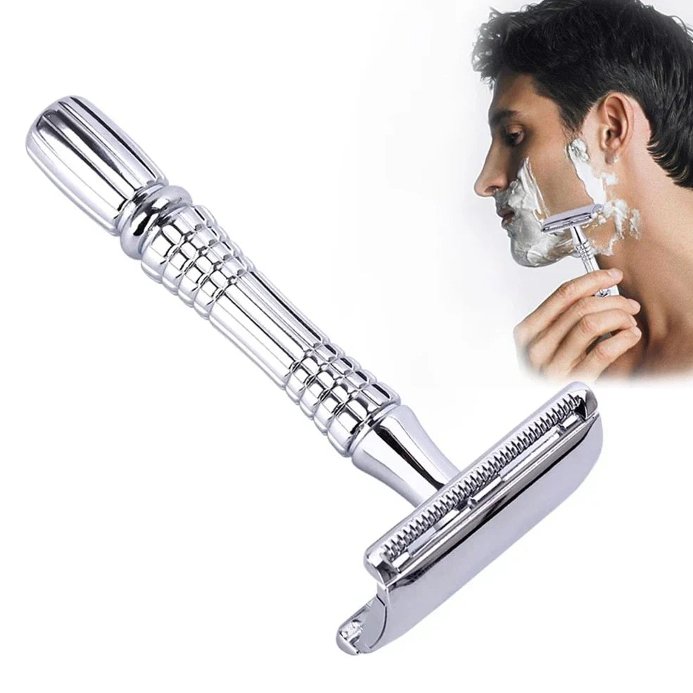 Silver grey safety razor with platinum plating and textured ABS handle in storage box