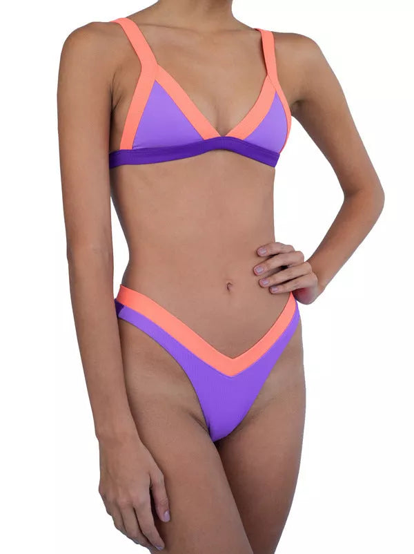 Bikini fashion split swimsuit in pale pinkish purple and blue, made from 100% nylon