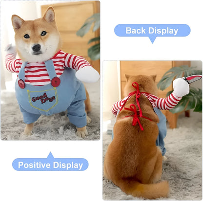 Striped Halloween costume set for pet dog or cat showing jacket, trousers, and prop knife accessory