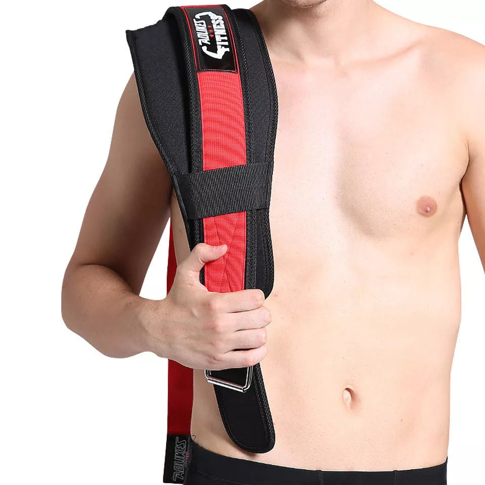 Nylon weightlifting squat belt protector in red, yellow, black for lumbar support during high-intensity training