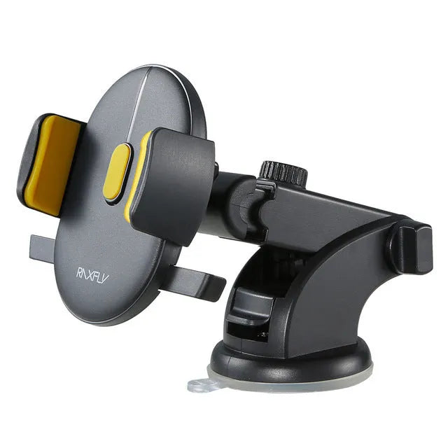 Yellow and black car phone holder with telescopic arm extended, gel pad, and 360-degree rotation on a dashboard