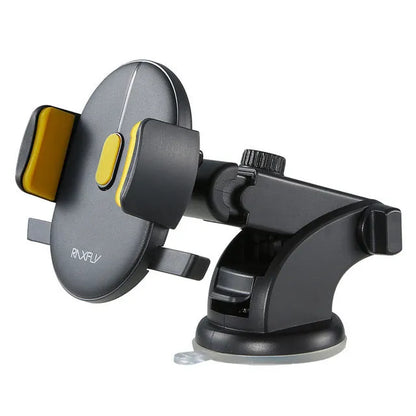 Yellow and black car phone holder with telescopic arm extended, gel pad, and 360-degree rotation on a dashboard