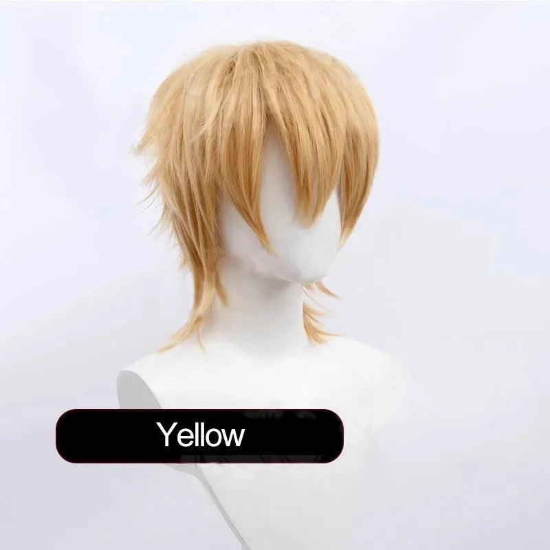 Short black anime-style cosplay wig for men with a lengthened hair tail, made from synthetic fibre.