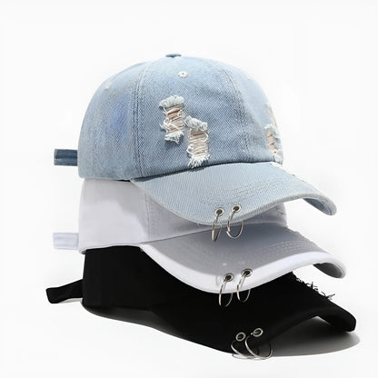 Men's adjustable denim baseball cap with dome crown in black, white or light blue