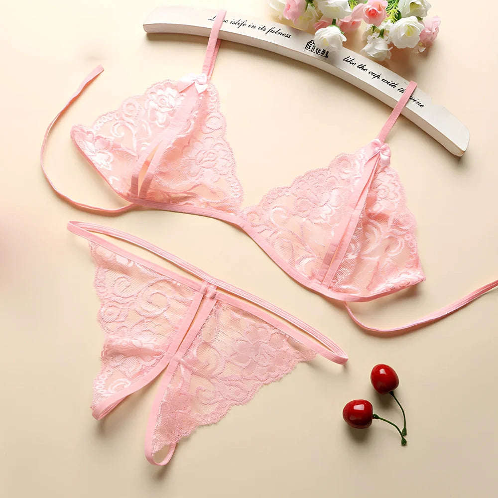 Three-point lingerie set in modal mesh fabric showing black, pink, red, rose red, and white colour options with weight-based sizing