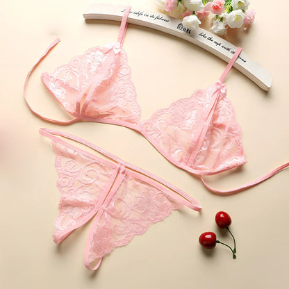 Three-point lingerie set in modal mesh fabric showing black, pink, red, rose red, and white colour options with weight-based sizing