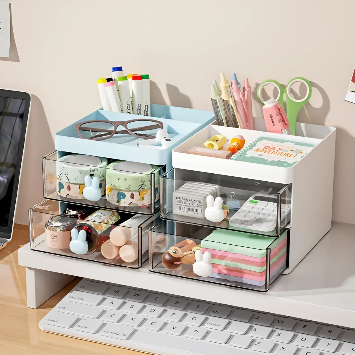 Transparent partitioned desktop storage box with drawer design for organising cosmetics and stationery