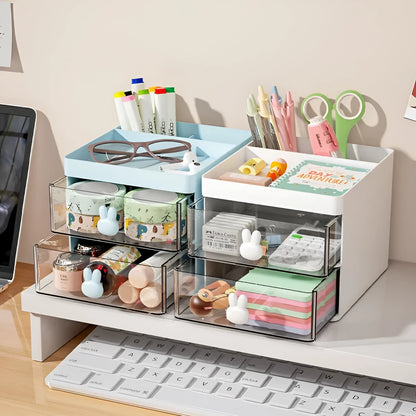 Transparent partitioned desktop storage box with drawer design for organising cosmetics and stationery