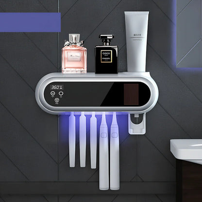 Smart UV toothbrush steriliser showing 233mm chamber and USB charging port with fireproof ABS housing