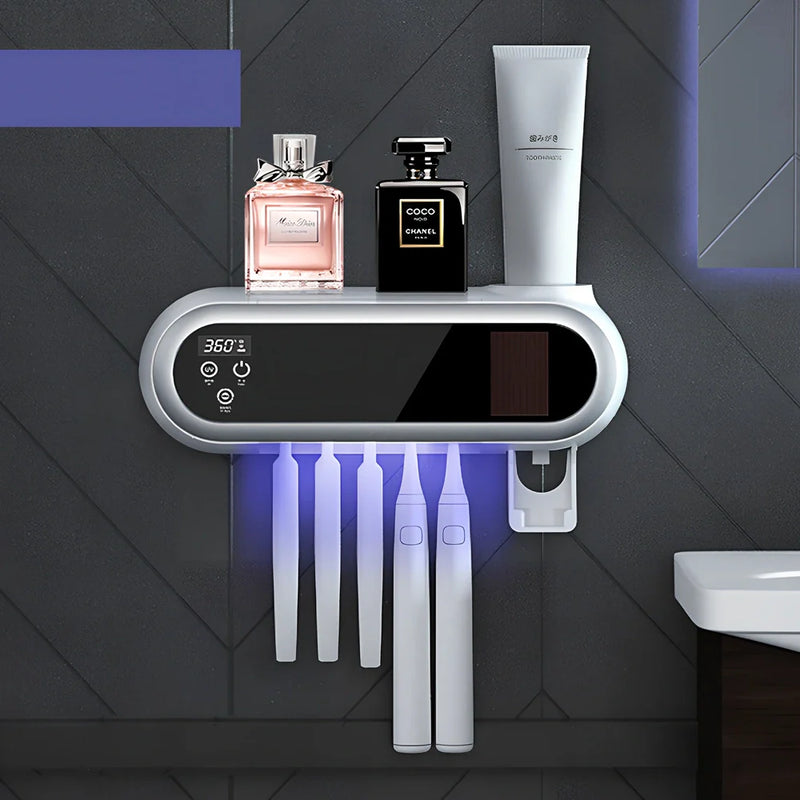 Smart UV toothbrush sterilizer with 233mm length and fireproof ABS construction providing ultraviolet disinfection and USB charging capability for daily hygiene maintenance