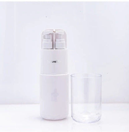 Multifunctional wash cup set includes two bottles, one cup, mirror, and comb for organized grooming