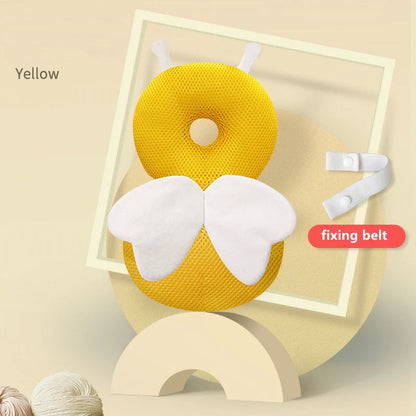 Baby wearing a head protection cushion backpack, designed for safety and comfort during play