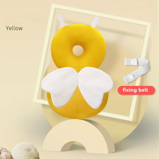 Baby wearing a head protection cushion backpack, designed for safety and comfort during play