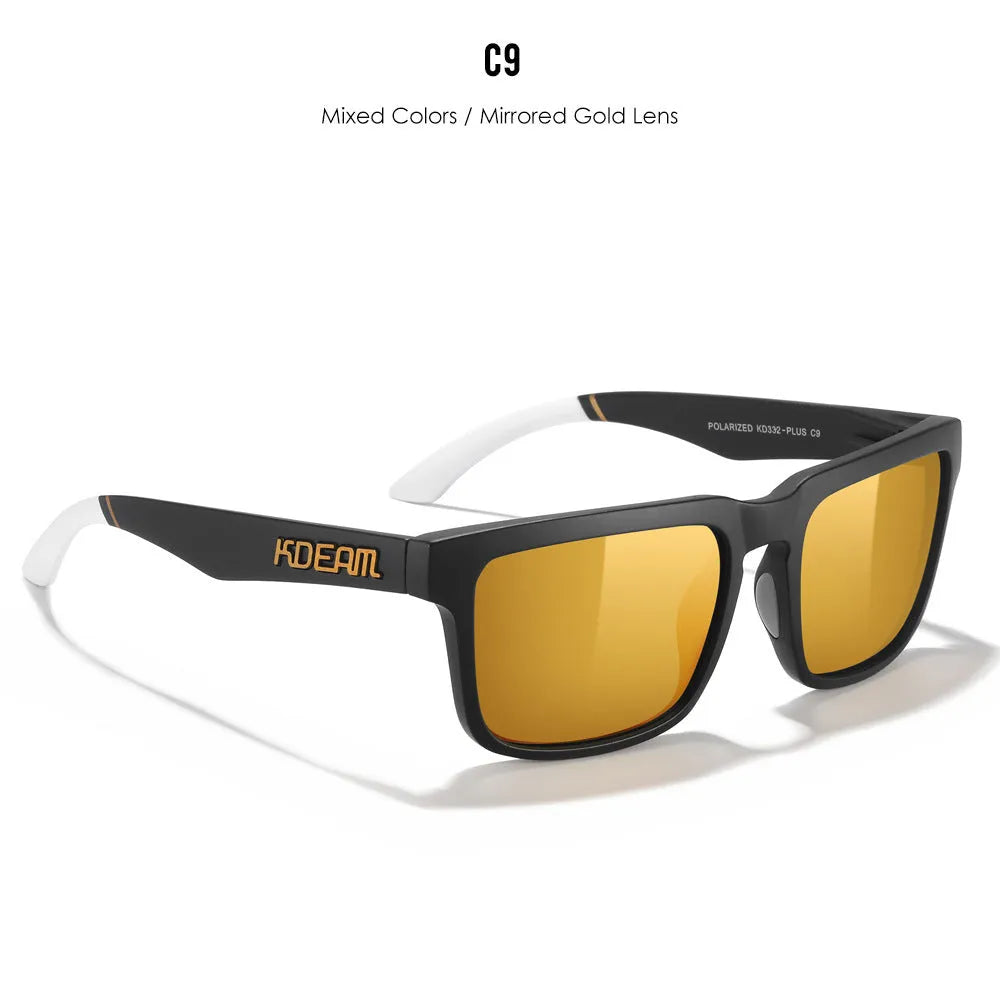 Square polarised sunglasses with TAC lenses and a PC frame, shown in one of 12 available colour options.