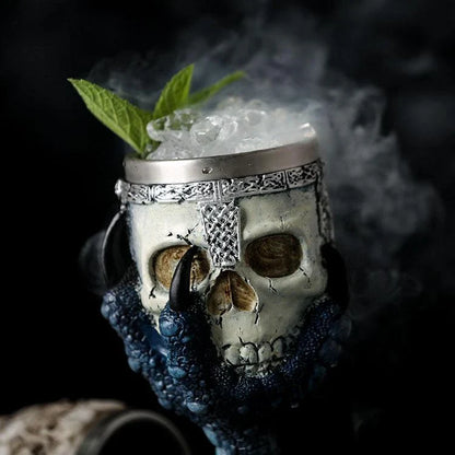 Chilling skull-themed wine goblet with a 3D skull design, made from premium resin and stainless steel for long-lasting durability and visual impact.