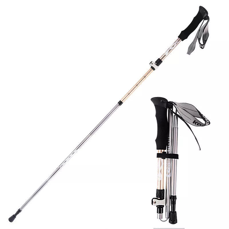 Five-section folding trekking pole in red, blue, black, or gold with adjustable length and diamond tip