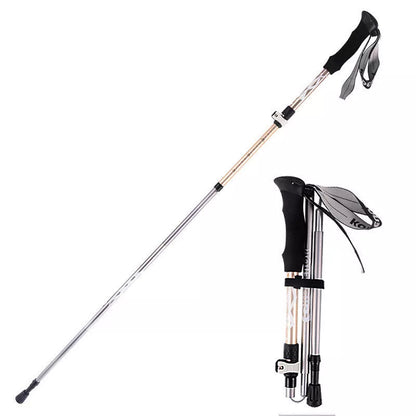 Five-section folding trekking pole in red, blue, black, or gold with adjustable length and diamond tip