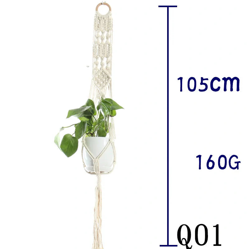 Beige cotton rope hanging basket with various styles for indoor plant display