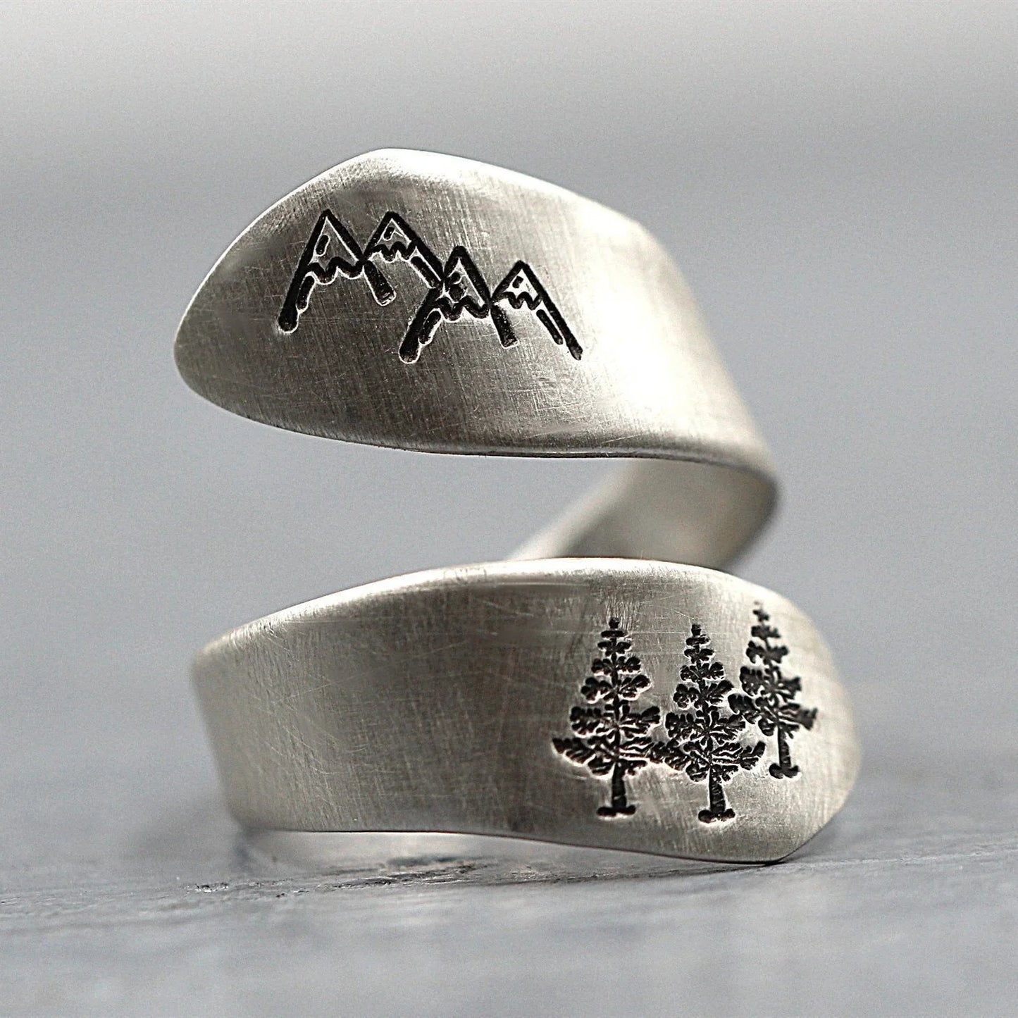Mountain forest opening adjustable ring in ancient silver, showcasing unique design and adjustable feature