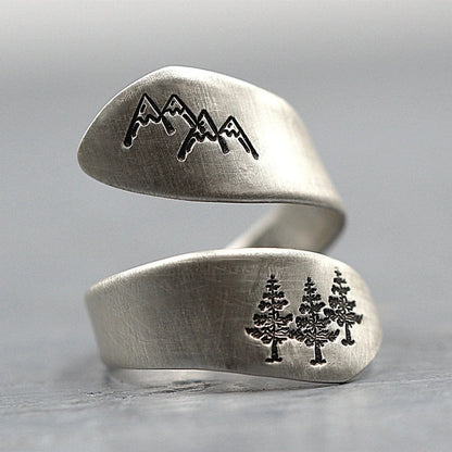Mountain forest opening adjustable ring in ancient silver, showcasing unique design and adjustable feature
