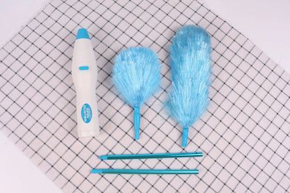 Motorised hand duster with electrostatic bristles cleaning ceiling fan blades