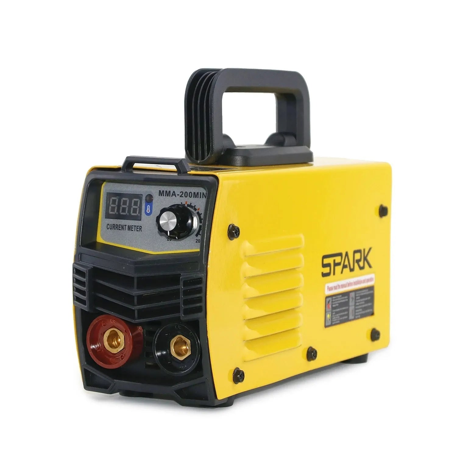 Small portable DC welding machine with red housing, welding tongs, and face shield on a workshop bench