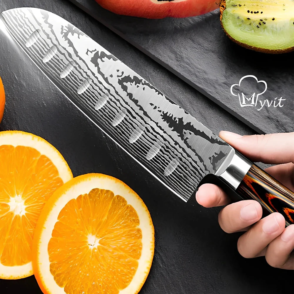 Six stainless steel kitchen knives with laser Damascus patterns on blades and wooden handles arranged with protective covers