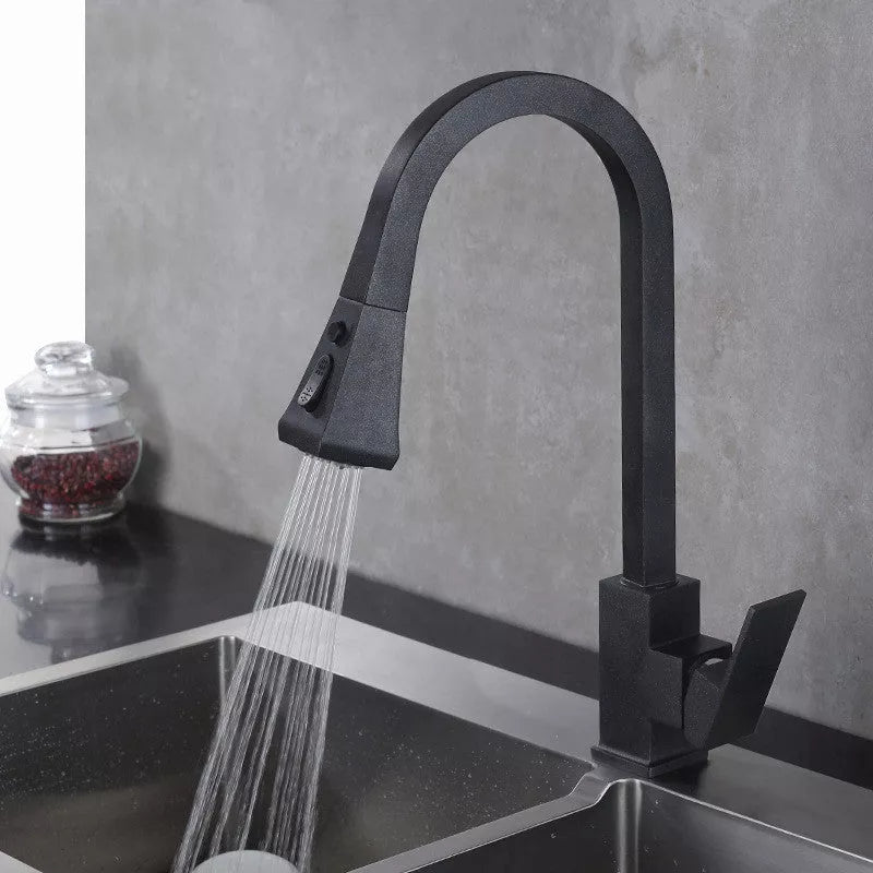 Stretchable black copper kitchen faucet with double outlet mode