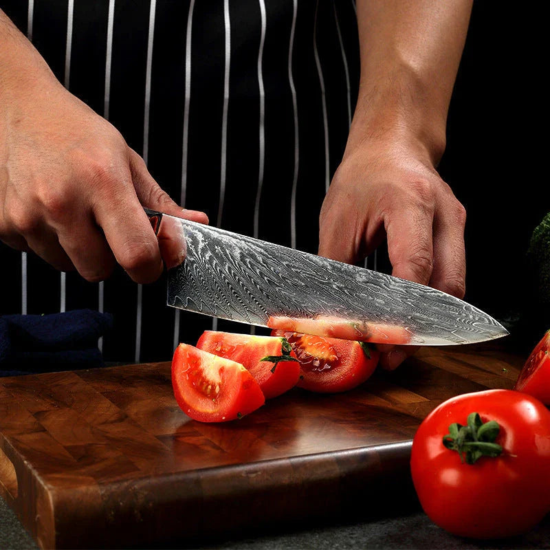 Premium 67-layer Damascus steel chef's knife with elegant brocade pattern, durable corrosion-resistant construction, and ergonomic handle for exceptional cutting performance
