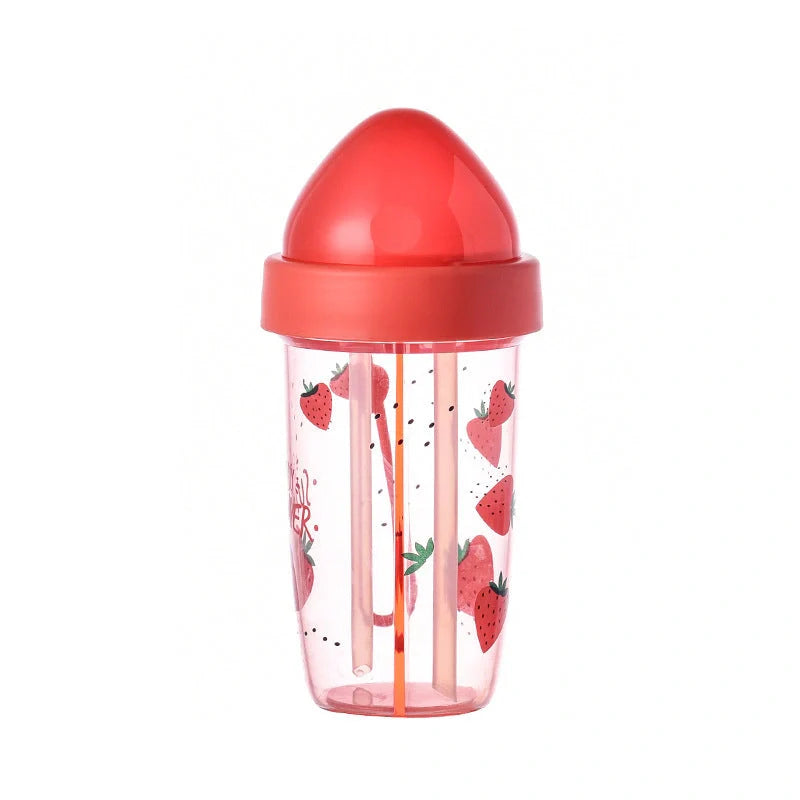 Double straw cup with leak-proof design for couples, available in pineapple, strawberry, and watermelon patterns.