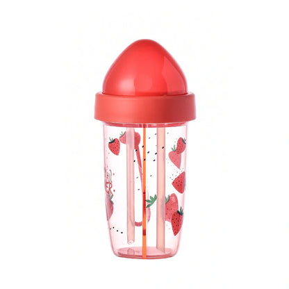 Double straw cup with leak-proof design for couples, available in pineapple, strawberry, and watermelon patterns.