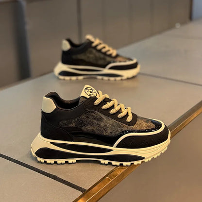 Men's black thick-sole retro lace-up casual shoes on a white background.
