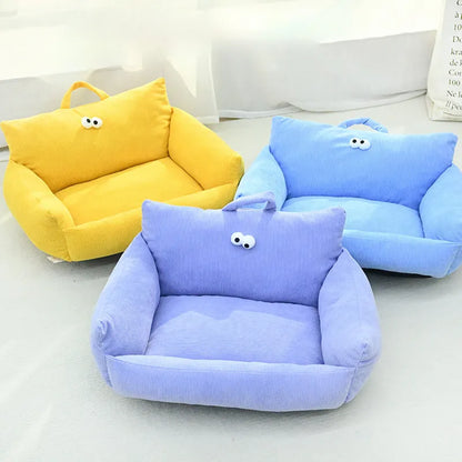 Cartoon big eye pet bed sofa kennel in blue colour with raised sides and PP cotton filling