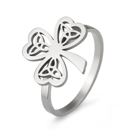 Stainless steel lucky ring with hollow band in gold or steel colour finish.