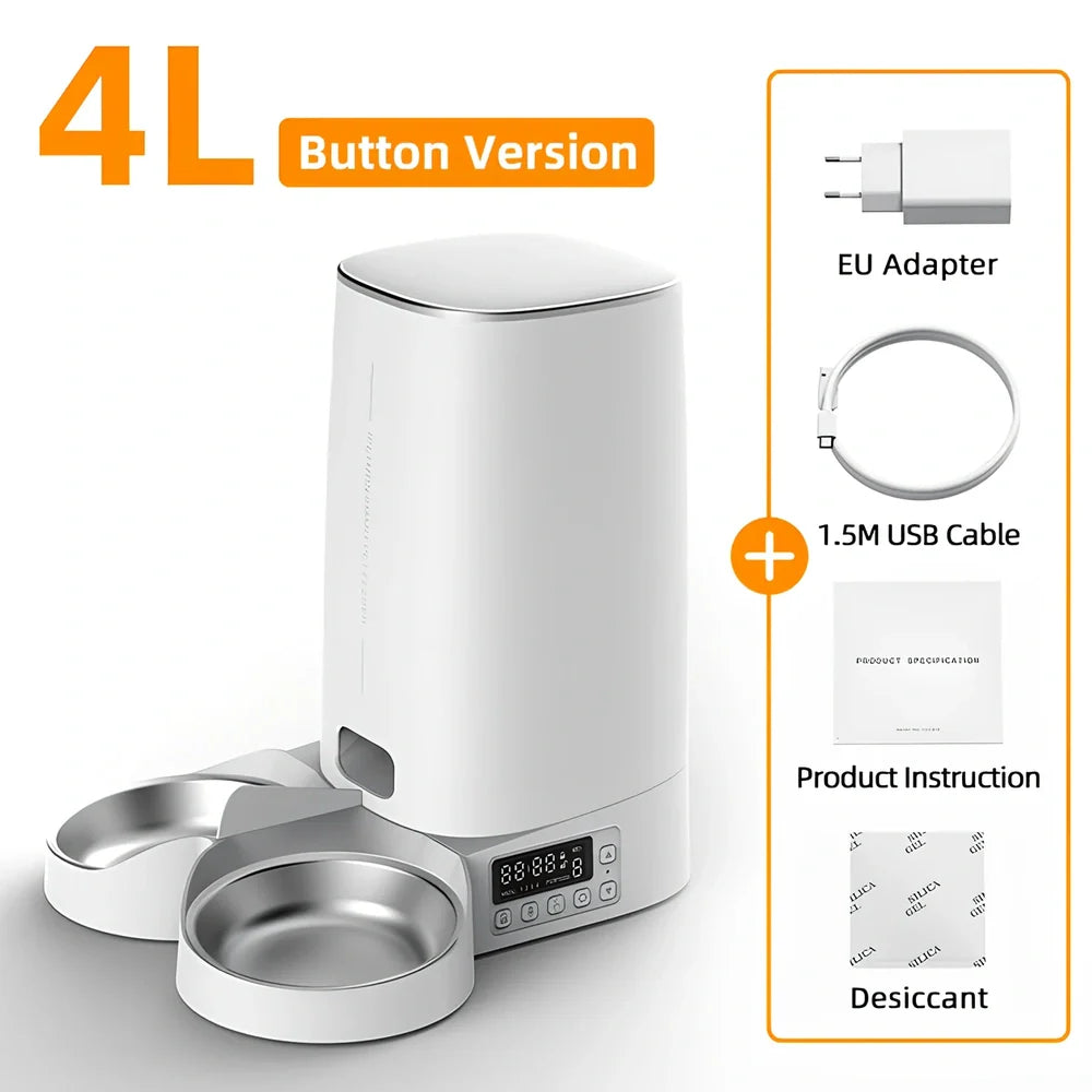 ROJECO white automatic pet feeder with stainless steel bowl and digital control panel