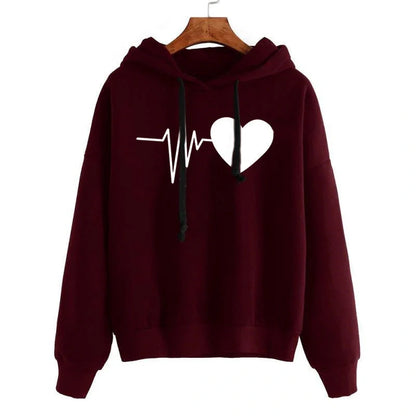 Women's heart print streetwear hoodie in multiple colors