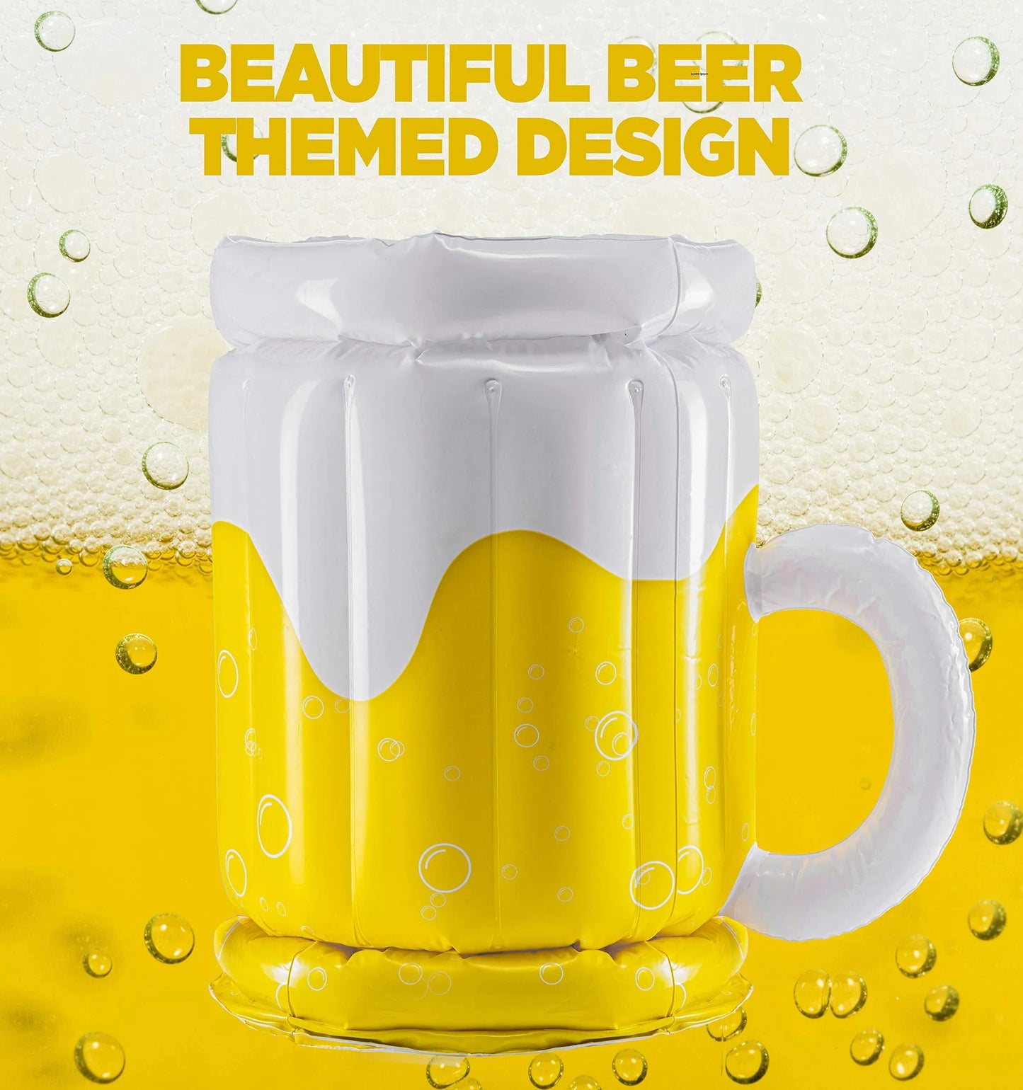 Large yellow inflatable beer mug shaped drink cooler floating in a swimming pool.