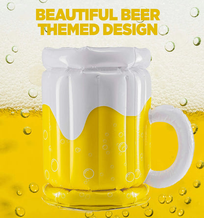 Large yellow inflatable beer mug shaped drink cooler floating in a swimming pool.