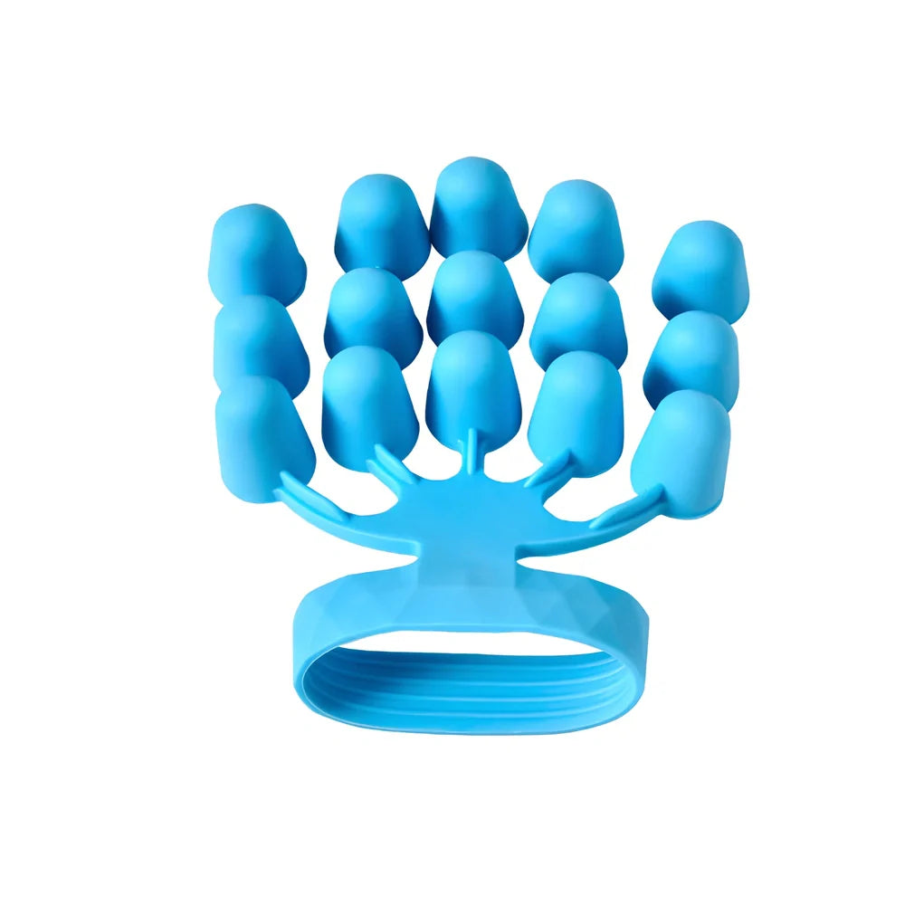 Black silicone finger tensioner with adjustable gears for strength training, showing 14cm size