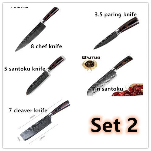 Premium 8-Piece Stainless Steel Chef Knife Set with Elegant Damascus Pattern Blades and Ergonomic Handles