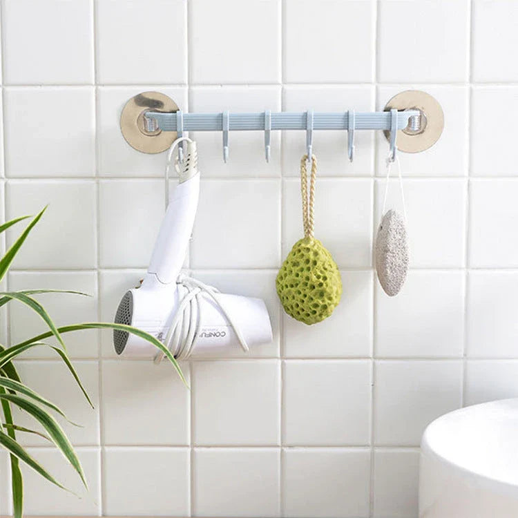 Versatile wall-mounting hooks with 180-degree rotating design, strong adhesive backing, and six movable hooks for seamless organization