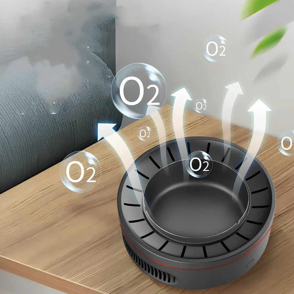 Black electronic ashtray purifier measuring 18x18x7.3cm with negative ion technology and USB charging