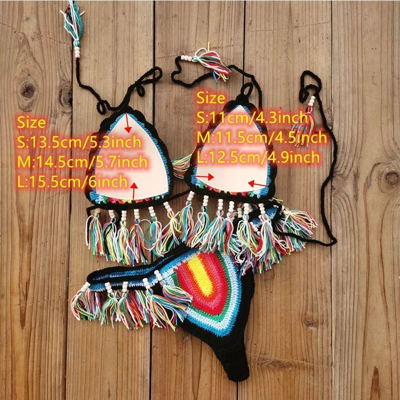Handmade crochet bikini swimsuit with rainbow tassel detailing, perfect for summer beach outings.