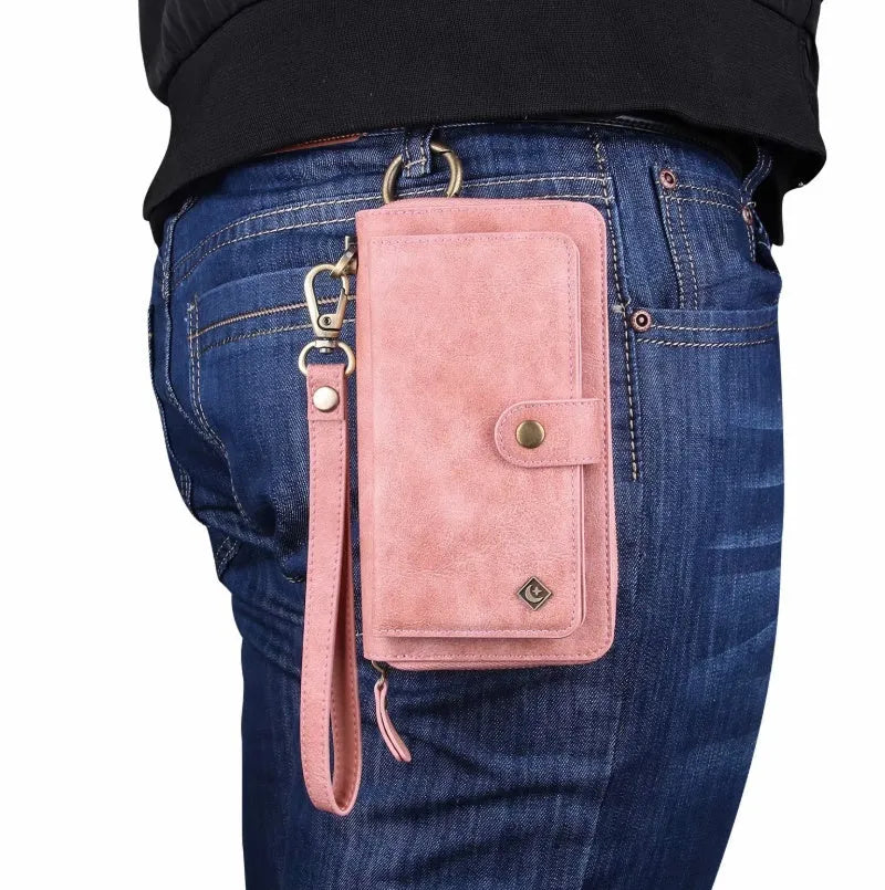 Black PU leather zipper wallet case open next to a Samsung Galaxy phone.